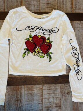 Ed Hardy Cream Rhinestone Heart Graphic Cropped Small Long Sleeve T